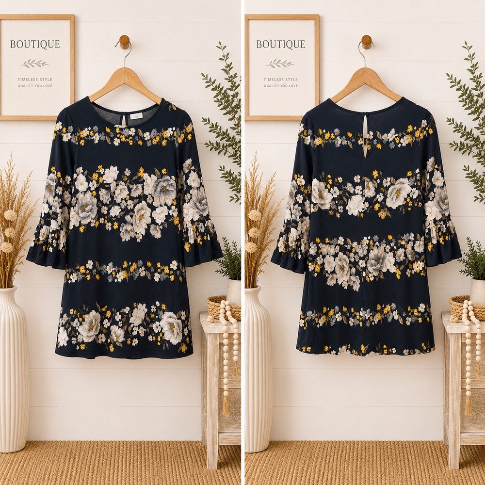 Old Navy Floral Shift Dress Navy Blue Yellow Ruffle Sleeve XS Womens